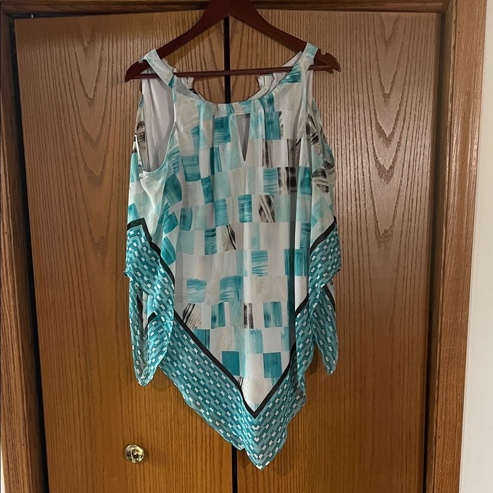 Alfani Teal and White Geometric Top